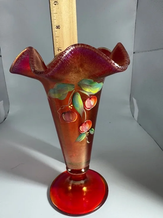 Fenton 109th Anniversary Iridescent Ruffled Hand-Painted Carnival Glass Vase - Picture 5 of 9